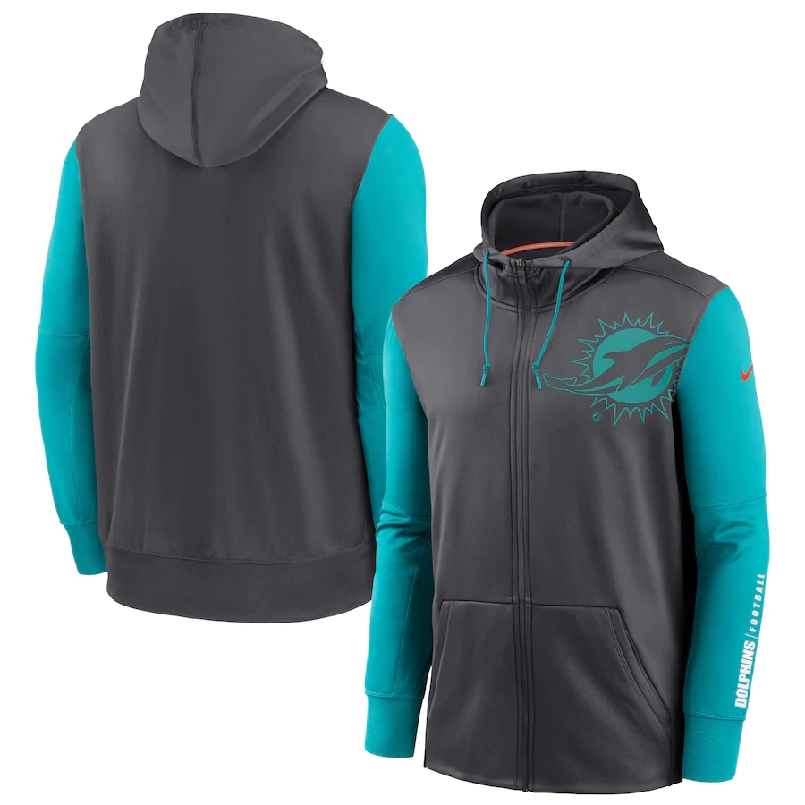 NFL Nike Miami Dolphins Charcoal Aqua Fan Gear Mascot Performance FullZip Hoodie->jacksonville jaguars->NFL Jersey